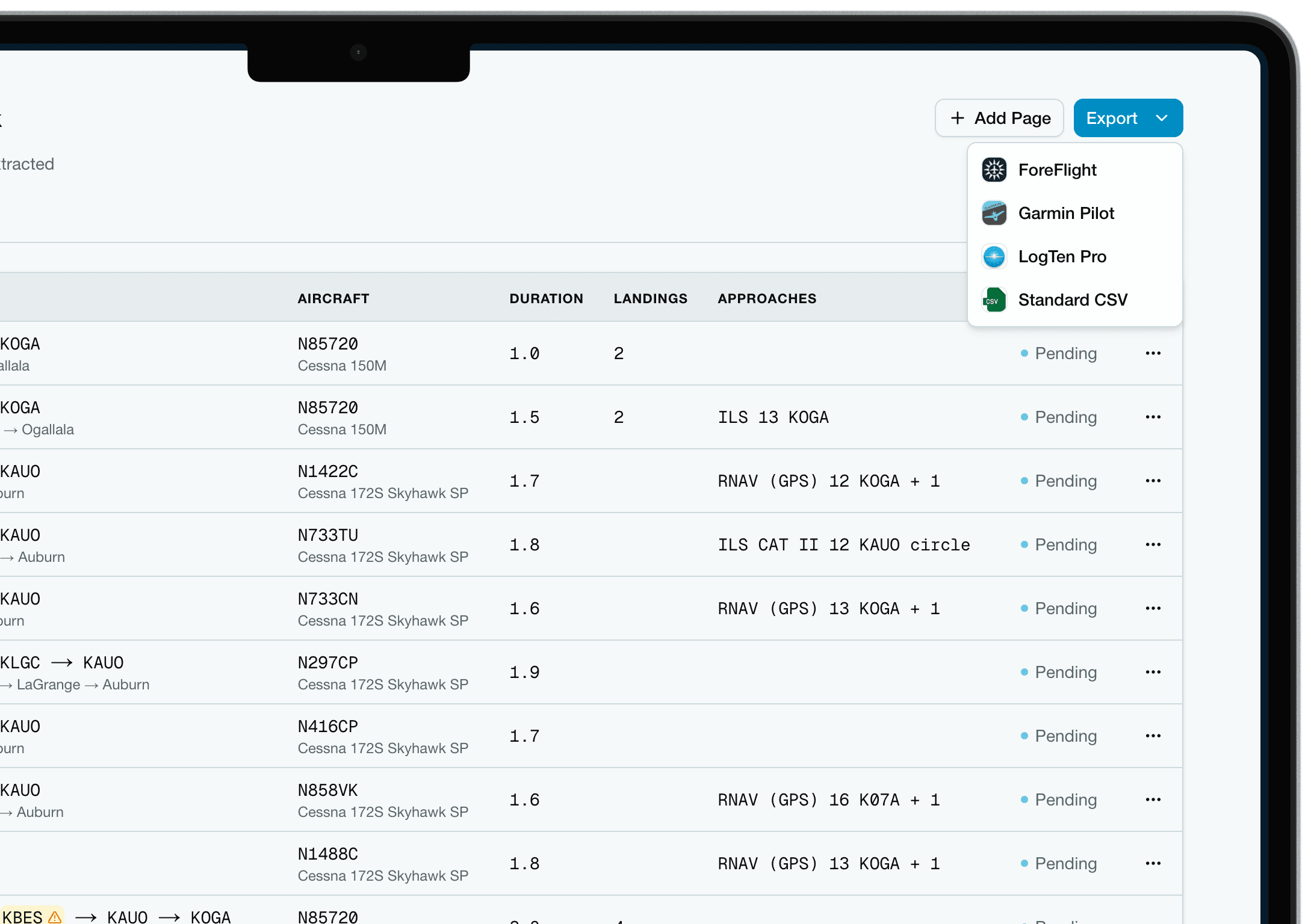 Quicklogs export options for ForeFlight, LogTen Pro, and Garmin Pilot