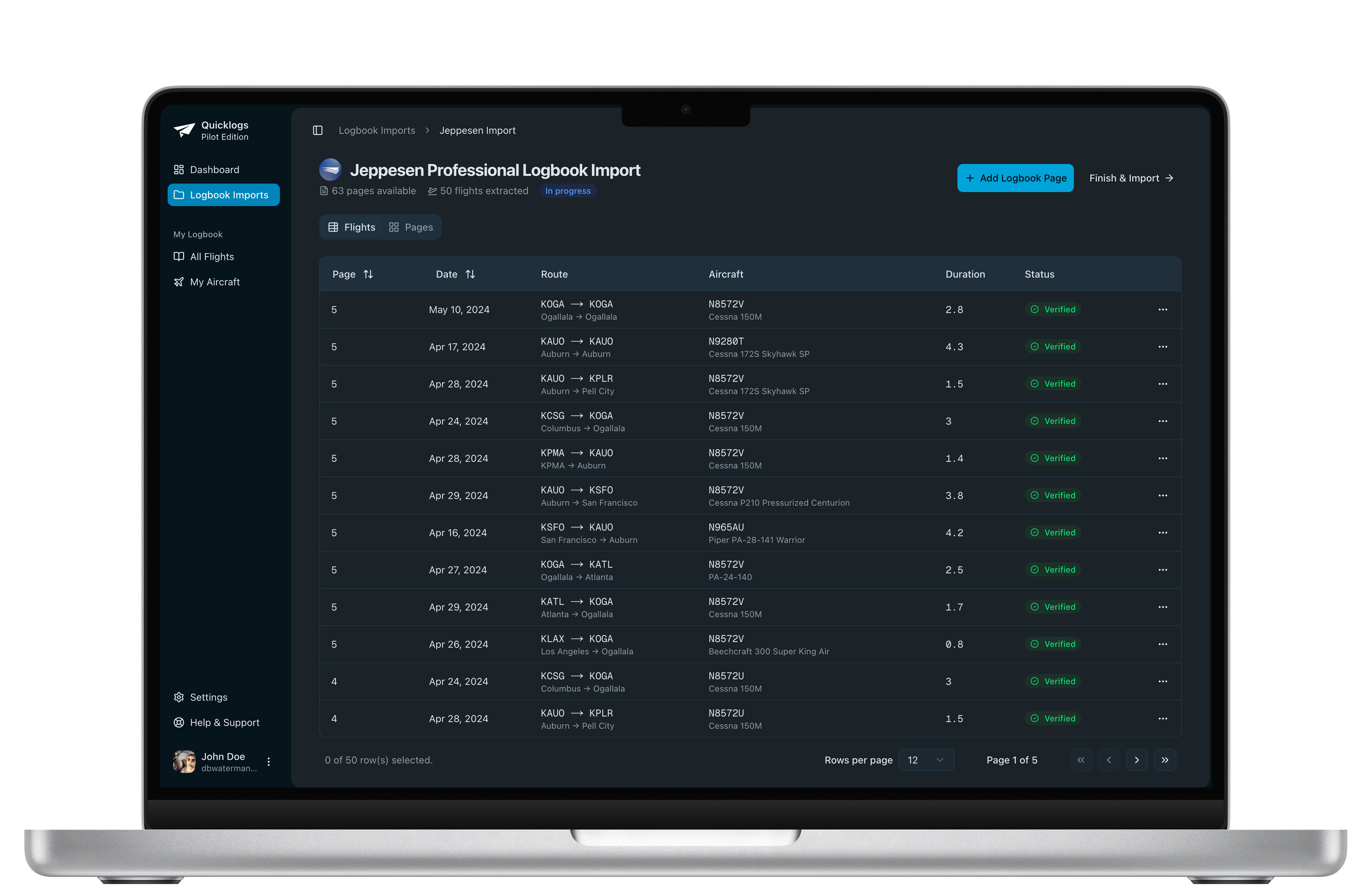 MacBook showing session dashboard with flight data ready for export
